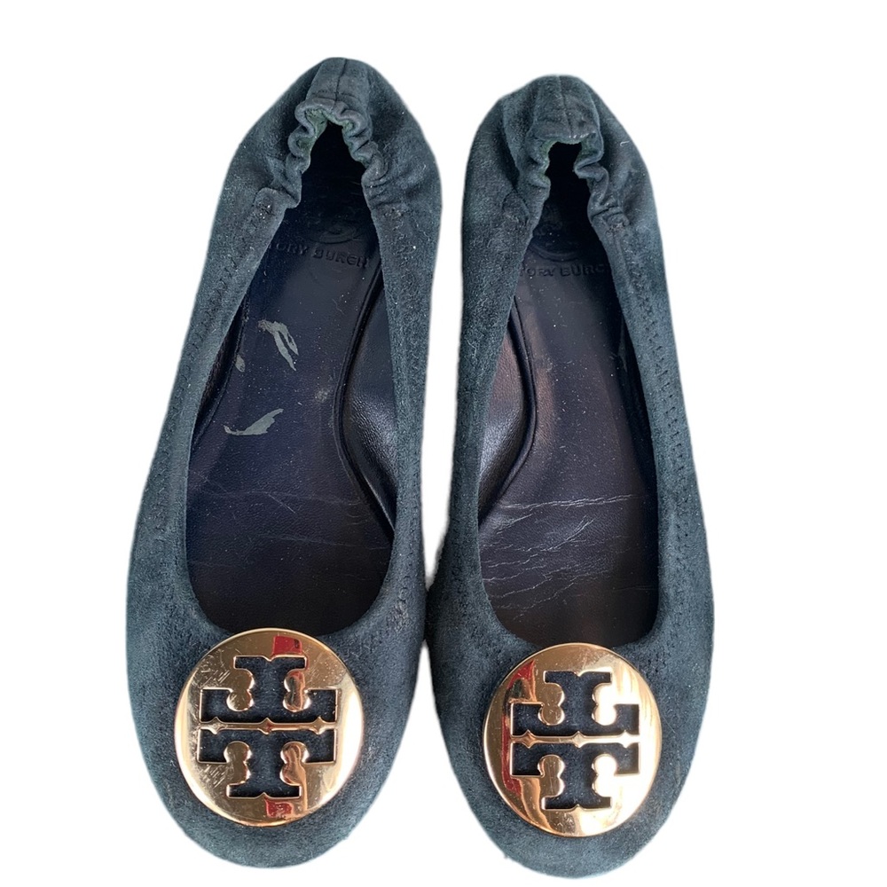 TORY BURCH: Reva Suede Navy Logo Ballerina Flat - Size 6 1/2